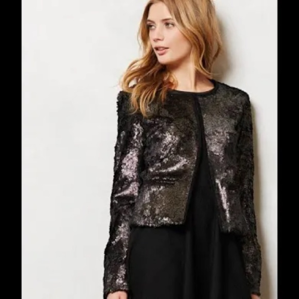 NWT Anthropologie Elevenses Black Gold Leaf Metallic Faux Fur Blazer Holiday S